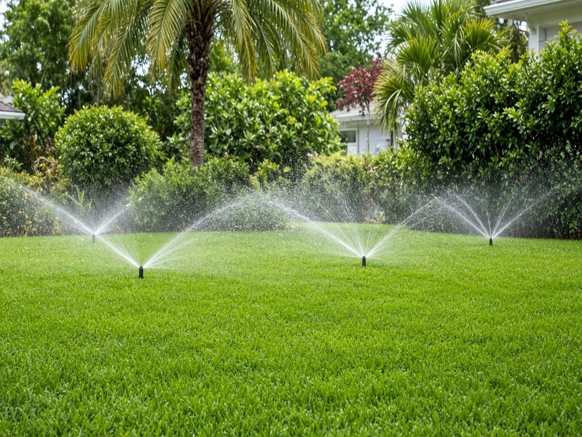 Yard sprinkler system watering a lawn